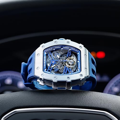 Image of TSAR BOMBA Men's Automatic Watch Tonneau Luxury Skeleton Watches for Men Mechanical 50M Waterproof Analogue Watches Mens Unique Cool Square Big Face Dial Wristwatch with Silicone Strap Band