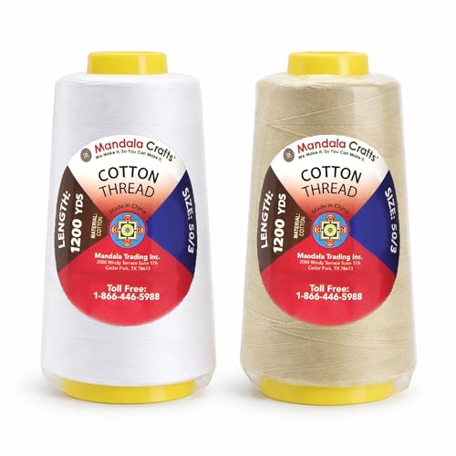 Image of Mandala Crafts White and Beige Thread Cones for Machine and Hand Quilting - 4800 Yds 50 WT Multiple Purpose Mercerized 100% Cotton Threads for Sewing Machine Serger Embroidery