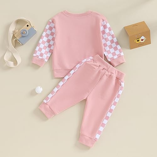 mlpeerw Toddler Baby Girl Outfits Long Sleeve Checkerboard Pullover Sweatshirt Pants Sets Newborn Infant Fall Winter Clothes (pink, 18-24 Months) - Thumbnail 3