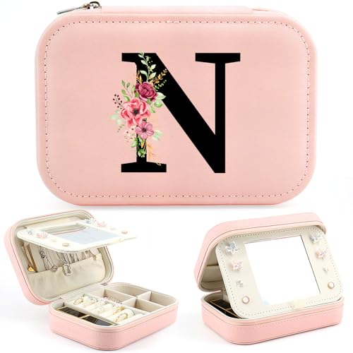 Iniziale Portagioie Donne Portagioie da Viaggio con Lettera Piccoli Scatola Portaoggetti con Specchio Organizzatore di Gioielli, Regalo per Ragazza Donna, Regalo di Compleanno Anniversario Natale (N)