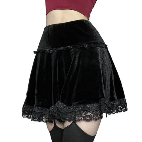 Black Little Mini Skirts for Women High Waist Black Velvet Lace Ruffle Skirt Y2k Punk Goth Party
