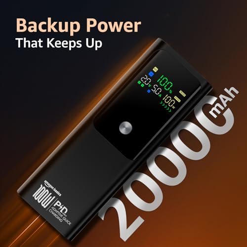 Image of Amazon Basics 20000mAh 100W Fast Charging Power Bank | 2 USB-C PD 3.0 + 1 USB-A QC 3.0 | Laptop, Tablet & Phone Charging | Digital Display | Black