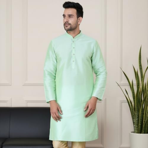 Image of Sadree Men's Silk Blend, Knee Length, Full Sleeve, Mandrin Collor, Solid Style, Attractive Colour, Solid Plain Kurtas