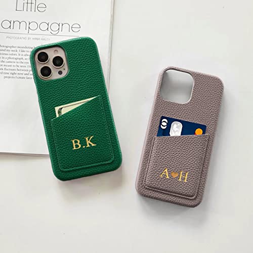 Personalized Initials Luxury Vegan Leather case for iPhone 17 16 17 Air 16e 15 14 13 12 Pro Max 11 Mini Xr Xs X 7 8 Plus SE, Custom Monogram Phone Cover with Card Slot, Embossed Letters (Green)