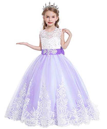 REXREII Flower Girls Lace Applique Wedding Tulle Dress Sleeveless First Communion Birthday Christmas Party Dance Ball Gown