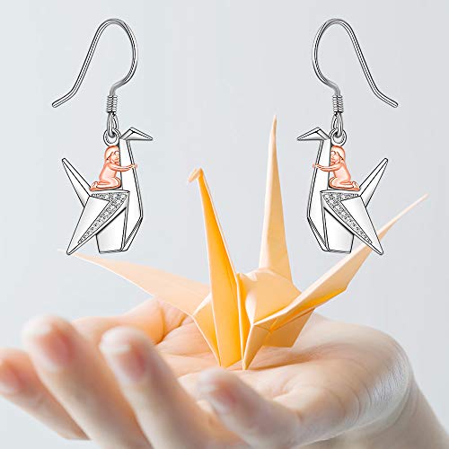 Sterling Silver Origami Crane Earrings Hypoallergenic Cute Rose Gold Dangle Fashion Cubic Zirconia Love Drop Piercing Post Bird And Girl Earring Matching Valentines Day #TOP5