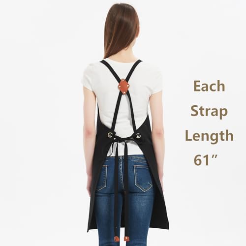 AFUN Chef Aprons for Women Men with Large Pockets, Cotton Canvas Cross Back Water Repellent Work Apron, Size M to XXL (Black)3