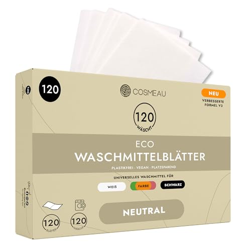 Cosmeau Waschmittel Blätter Neutral – bis zu 120 Waschgänge (120 Blätter) – Nachhaltiges Waschmittel für Weiß, Farbe und Schwarz – Abbaubar & Perfektes Reisewaschmittel