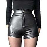 FEESHOW Damen Ledershorts Sexy Lackleder Hotpants Booty Shorts Kurze Leder Optik Hose Skinny High Waist mit Schnallendekor Gogo Nachtclub Punk Outfit Schwarz B S