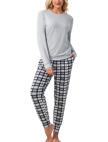 ENJOYNIGHT Womens Pyjamas Set Cotton Pjs Long Sleeve Top and Pants Nightwear for Ladies Soft Sleepwear Loungewear with Pockets (Medium,Grey Plaid)