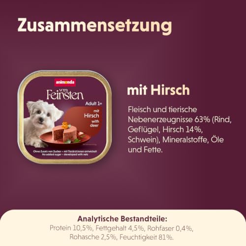 animonda vom Feinsten Hundefutter nass mit Hirsch (22 x 150g), getreidefreies Hundefutter ohne Zucker, mit frischen, fleischigen Zutaten
