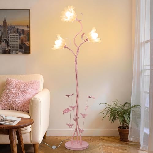 Image of TOBUSA Flower Floor Lamp for Bedroom, 3-Head Whimsical Pink Floor Lamp with Flexible Gooseneck, 67'' Tall Retro Floral Standing Lamp for Living Room, Modern Unique Cute Flower Corner Lamp for Girl