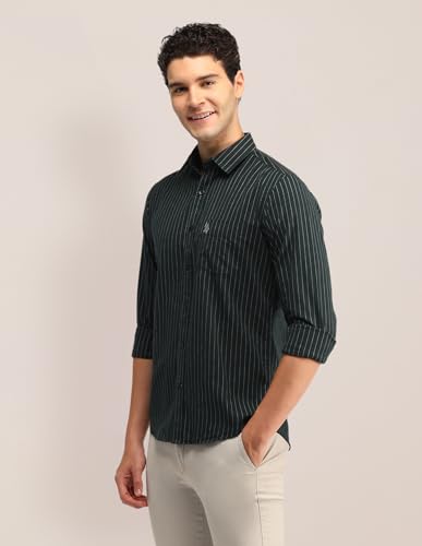 Image of U.S. Polo ASSN. Men's Green Striped Spread Collar Full Sleeve Casual Cotton Tailored Fit Shirt