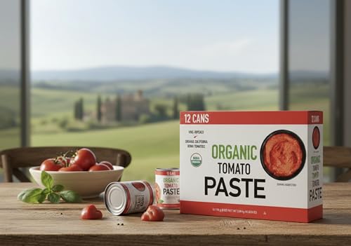 Premium Organic California Tomato Paste- Kirklant | 12-Count Bulk Pack (6 oz Cans) | Vine-Ripened Roma Tomatoes | No Added Salt or Preservatives