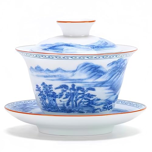 Niukomy Gaiwan 200ml, Taza De Té Chino Tradicional, Vintage Kung Fu Taza De Té Porcelana, Clásica Tazón De Té De Cerámica Con Platillo Y Tapa, Pintura De Paisaje Azul