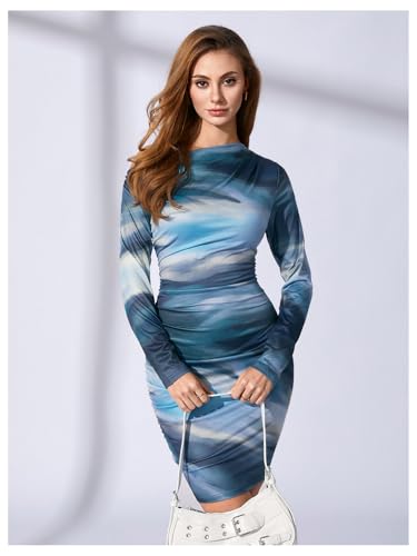 Image of RoseSeek Women's Off Shoulder Ombre Tie Dye Bodycon Dress Long Sleeve Slim Fit Pencil Mini Dresses