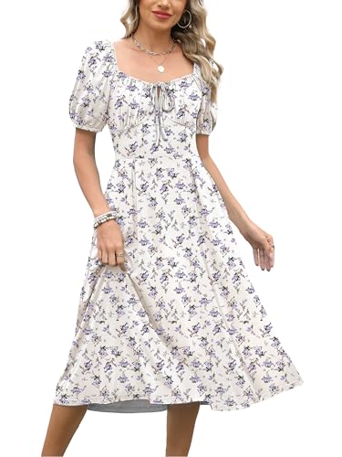 Caracilia Women Summer Casual Midi Dress Puff Short Sleeve Square Neck Floral Wedding Guest Party Graduation Dress White Purple Floral Large
