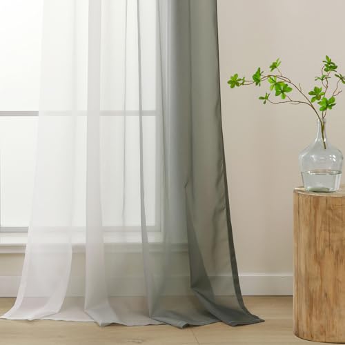 L.Z.E Grey White Voile Curtains for Living Room, Pencil Pleat Light Gray Ombre Sheer Curtains & Drapes for Bedroom Kitchen Bay Windows, Transparent, 90 Inch Drop 225 cm Long Colour Gradient - Image 2