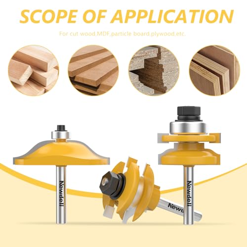 Image of Newdeli 3Pcs Raised Panel Router Bits 1 /4 inch Shank Cabinet Door Router Bit Set (Tenon Cutter Diameter: 1-5 /8 inch) Ogee Rail and Stile Router Bits Tongue and Groove Router Bit Set Cabinet Making Tools