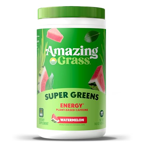 Amazing Grass Green Superfood Energy: Super Greens Powder & Plant Based Smoothie Mix, Caffeine with Matcha Green Tea & Beet Root Powder, Watermelon, 60 Servings (Packaging May Vary)