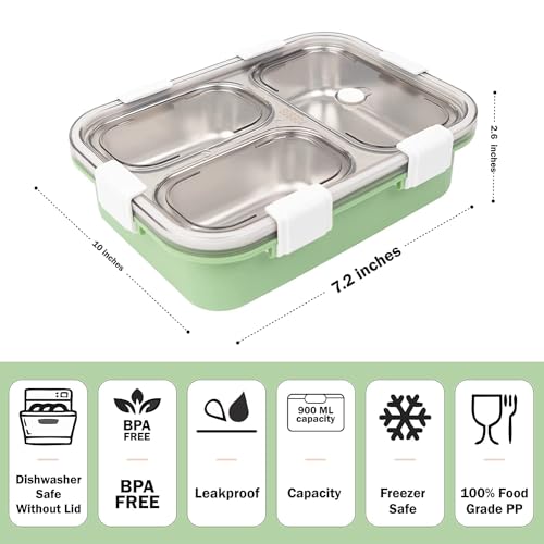 Image of Brand Conquer Lunch Box Leak-Proof BPA Free Stainless Steel for School, Lunch Box for School & Office with a Fork, a Spoon and a Pair of Chopsticks (Green, 3 Compartment)