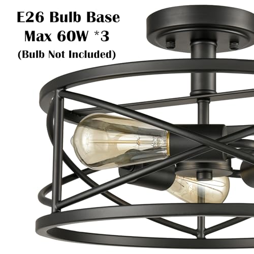 Image of DAYCENT Farmhouse Black Ceiling Light 3-Light Rustic Metal Caged Hallway Light Fixtures Industrial Style Semi Flush Mount Drum Light for Bedroom Foyer Entryway