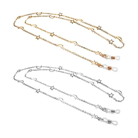 Borsgye 2PCS Eyeglass Chain Holder Reading Glass Cords Lanyard Alloy Eyewear Retainer Chain Metal Necklace Chain Sunglass Strap Holder with Rubber Ends - Moon and Star Cover