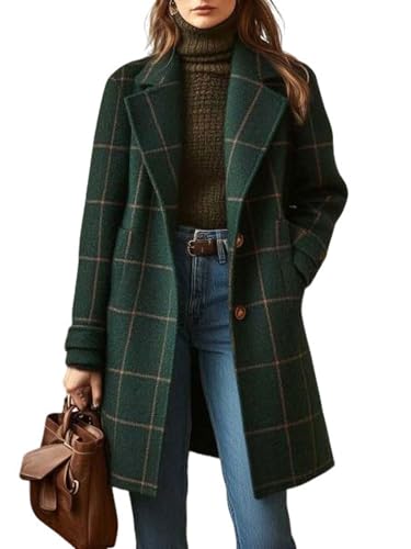 utcoco Women's Plaid Trench Coat Vintage Mid Length Notch Lapel Single Breasted Winter Wool Blend Outerwear (Medium, Dark Green)