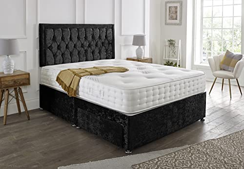SANA SLEEP Designer Damask Memory Foam Divan Bed Set With Mattress, 2 Drawers (Same Side) and Headboard 4FT6 Double - Black Crushed Velvet