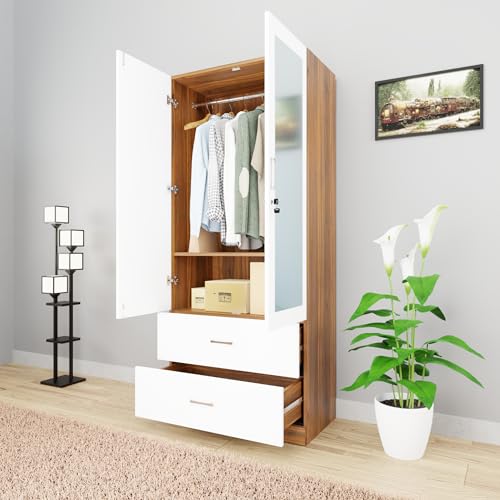 Image of VIKI Wardrobe | Wooden Almirah for Clothes,Door for Bedroom, 2 Door Wardrobe with Drawer, Mirror & Hanging Space (Walnut & White - 40D x 80W x 180H) | 1 Year Warranty | Free Assembly