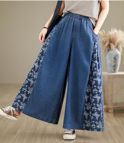 chouyatou Women's Casual Wide Leg Denim Pants Baggy Culotte Jeans Butterfly Print Loose Trousers3