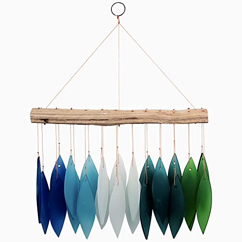 Blue Handworks Gradient Ocean Waterfall & Driftwood Chime, Sandblasted Glass And Found Wood Handcrafted Wind Chime #TOP2
