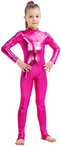YgneeDom Girls Shiny Metallic Long Sleeve Unitard Spandex One Piece Wet Look Kid Bodysuit (Hot Pink, M)