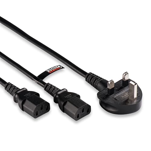 rhinocables UK Plug to Dual C13 Power Splitter – IEC Kettle Cable for PC Towers, Dual-Screen Monitors, Servers & Media Devices | 3-Pin Fused Lead for Tidy, Efficient Power Distribution (2m, Pack of 1)