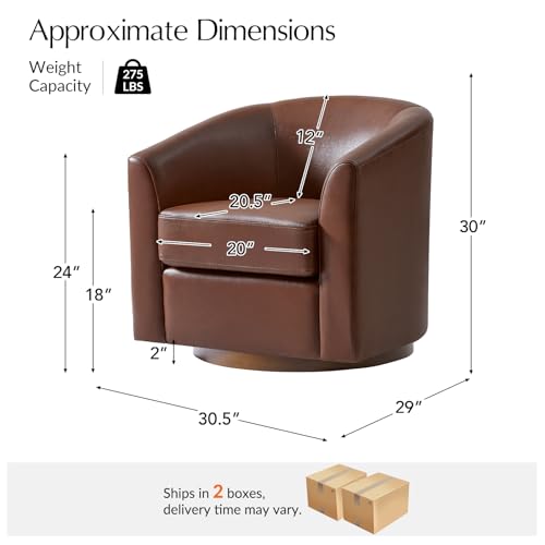 Image of HULALA HOME Genuine Leather Swivel Barrel Chairs Set of 2, Round Swivel Accent Chairs with Solid Wood Base, Leather Barrel Accent Chair for Living Room, No Assembly Required, Brown