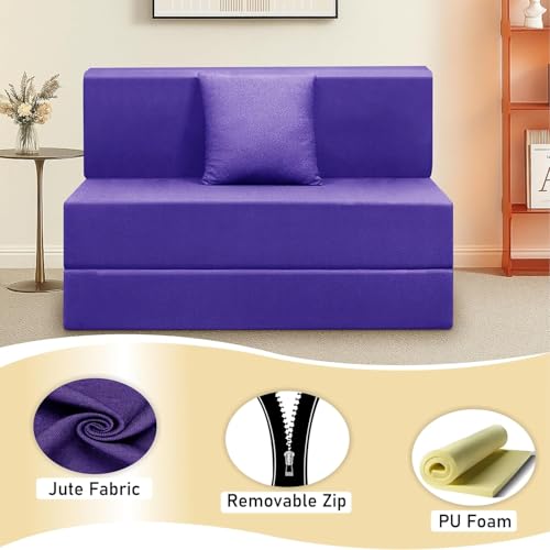 Image of Easy Foldable One Person Sofa Cum Bed Jute Fabric- Washable Cover- Including One Cushion- Size 3' X 6' Ft (Purple Color) Perfect for Home & Office for Guests