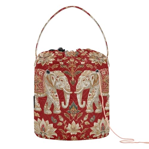 Image of ElliTarr Crochet Bag Yarn Bag with Handle Portable Knitting Project Bag Travel Yarn Storage Organizer Holder Case Red Retro Elephant Flowers