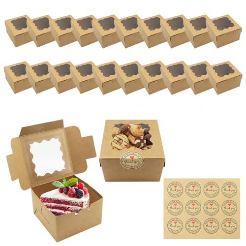 20PCS Small Cake Boxes Brown Paper Cupcake Boxes Cookie Boxes with Windows and 12 Stickers Mini Cake Boxes Individual Bakery Dessert Brownie Boxes for Gift Small Cakes Sweet Candy (10 * 10 * 6.5cm)