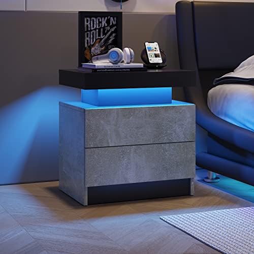 Modern Gray Nightstand with 2 Drawer LED Bedside Table