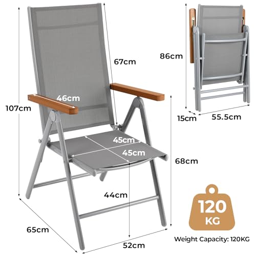 LIFERUN Gartenstühle Alu 4er Set, Gartenstuhl Hochlehner Klappbar mit 7-Fach Verstellbar Rückenlehne, Teakbraun WPC Armlehnen, Balkonstühle bis 120kg, Leicht Campingstühle, Komfortabel Wetterfest 4pcs