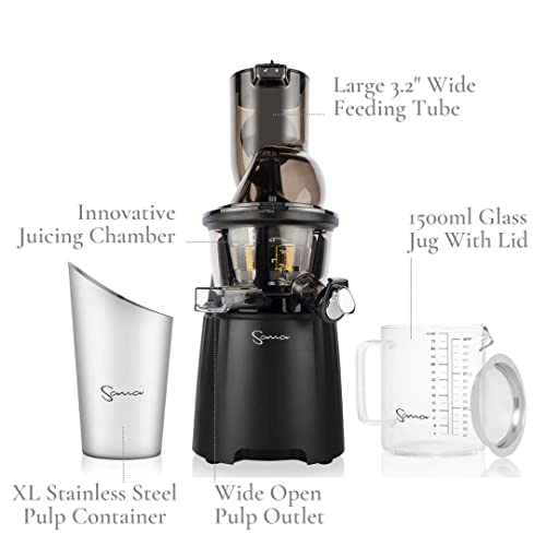 Sana Wide Mouth Premium Cold Pressed Vertical Juicer | Patented Trap Door System | Includes 2 Premium Accessories | 240W High Torque Motor | 15 Year Warranty (Black) #TOP1