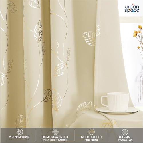 Image of Urban Space 80-85% True Blackout Curtains for Door, Gold Foil Printed Blackout Curtains, Blackout Decorative Door Curtain Eyelet with Tieback, 1 Piece Curtain for Living Room(Leaf Beige, 7 Feet)