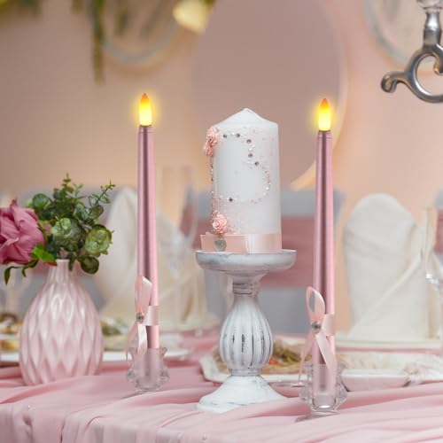 Image of Macarrie 24 Packs Flameless Taper Candles Battery Operated Fake 11 Inch Long Candlelight LED Flameless Candlesticks Flickering Tapered for Summer Fall Wedding(Rose Gold)