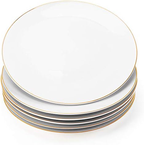Gsain 8” Porcelain Appetizer Plates with Golden Rim, Ceramic White Round Dessert Serving Plate for Bread,Dessert,Snack,Salad and Finger Food (Set of 6)