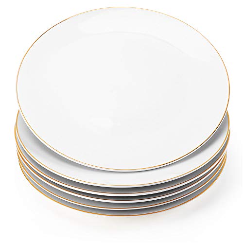 Gsain 10.5” Porcelain Coupe Dinner Plates with Golden Rim, Stackable Off-White Ceramic Round Serving Plate for Salad, Dessert, Steak, Pasta (Set of 6)