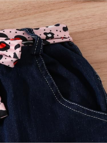 Image of Kids Toddler Girls Summer Clothes Leopard Butterfly Print T-Shirt + Belted Denim Jeans Shorts 3PCS Outfits