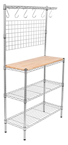 Internet's Best 3-Tier Baker's Rack - Chrome - Kitchen Storage Shelving - Adjustable Wire Stand with Removable Cutting Board and 6 Hanging Hooks