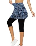 Tennis Skirted Leggings With Pockets For Women Golf Capri Leggings With Skirt 2-Layer Blue Paisley