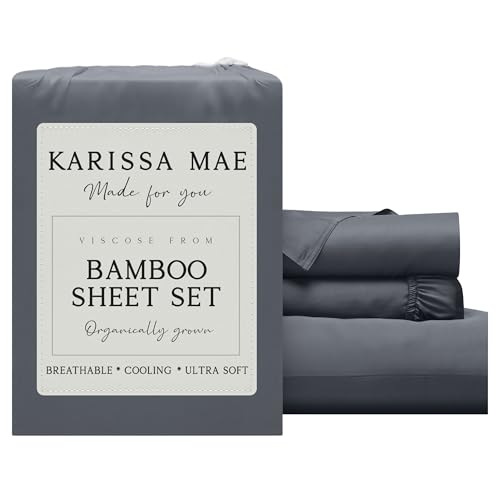 Image of KARISSA MAE Luxury Bamboo Viscose Twin XL Size Sheet Set | FSC Certified | Cooling | Ultra Soft | 18 inch Deep Pockets | Elastic Corner Straps | Includes Organizer Band [Charcoal Grey]