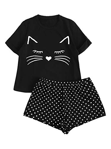 DIDK Women's Cat Print Cuffed Top and Polka Dots Shorts Pajama Set Black XL